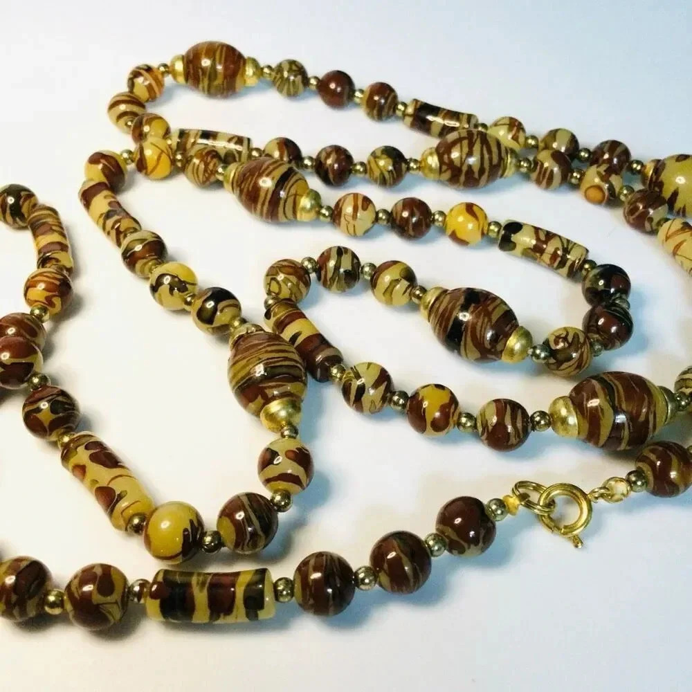 Vintage Plastic Paint Splatter Brown Tan Swirl Retro Beaded Necklace Collection